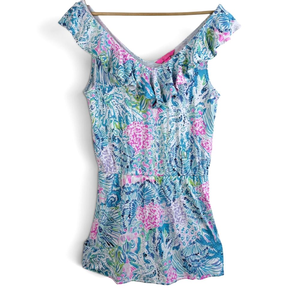Lilly Pulitzer Womens Alessa Romper Dress Sink Or Swim Print Ruffle Sz M Summer